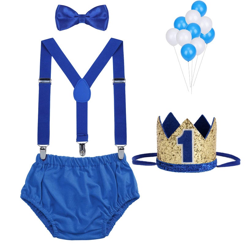 WELROG Baby Boys First Birthday Cake Smash Outfit Bow Tie Suspenders Bloomers Birthday Hat Sparkle Gold Set (Royal Blue) - Image 1